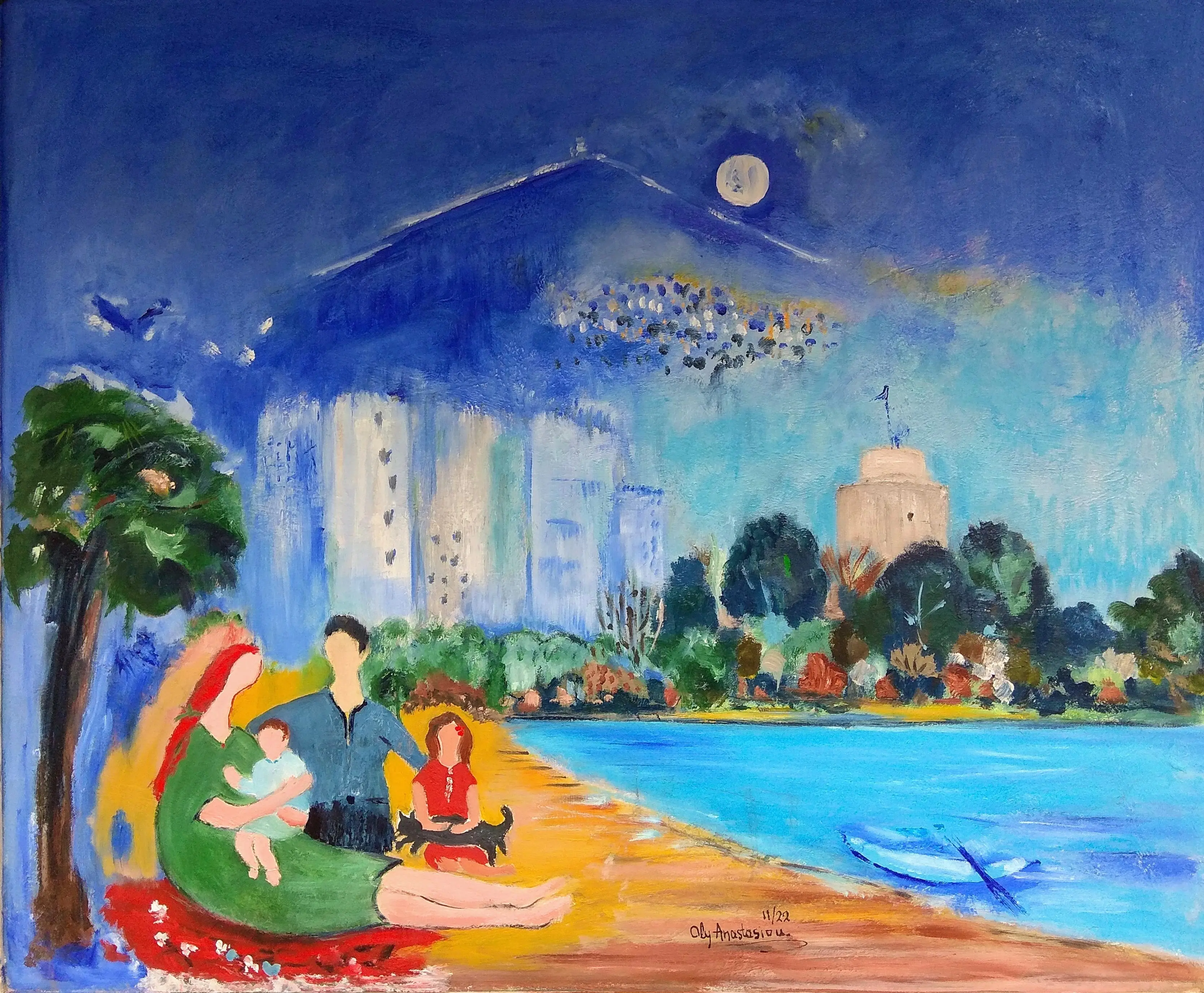 Family at the Seafront and the City in Blue